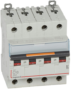 WYŁĄCZNIK NADPRĄDOWY C 10A 4-POLOWY 25KA DX3 S324 - 409793 - LEGRAND